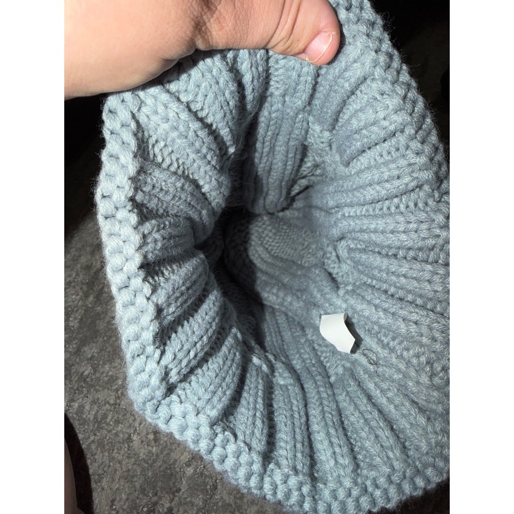 Faux Fur Pom Pom Cable Knit Beanie Hat – Gray Blue, Cuffed, Winter - Picture 2 of 3